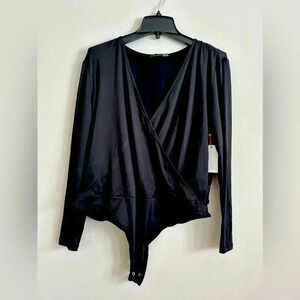Black Tape P XLarge Bodysuit Long Sleeves Surplice V-Neck Stretch Black NWT
